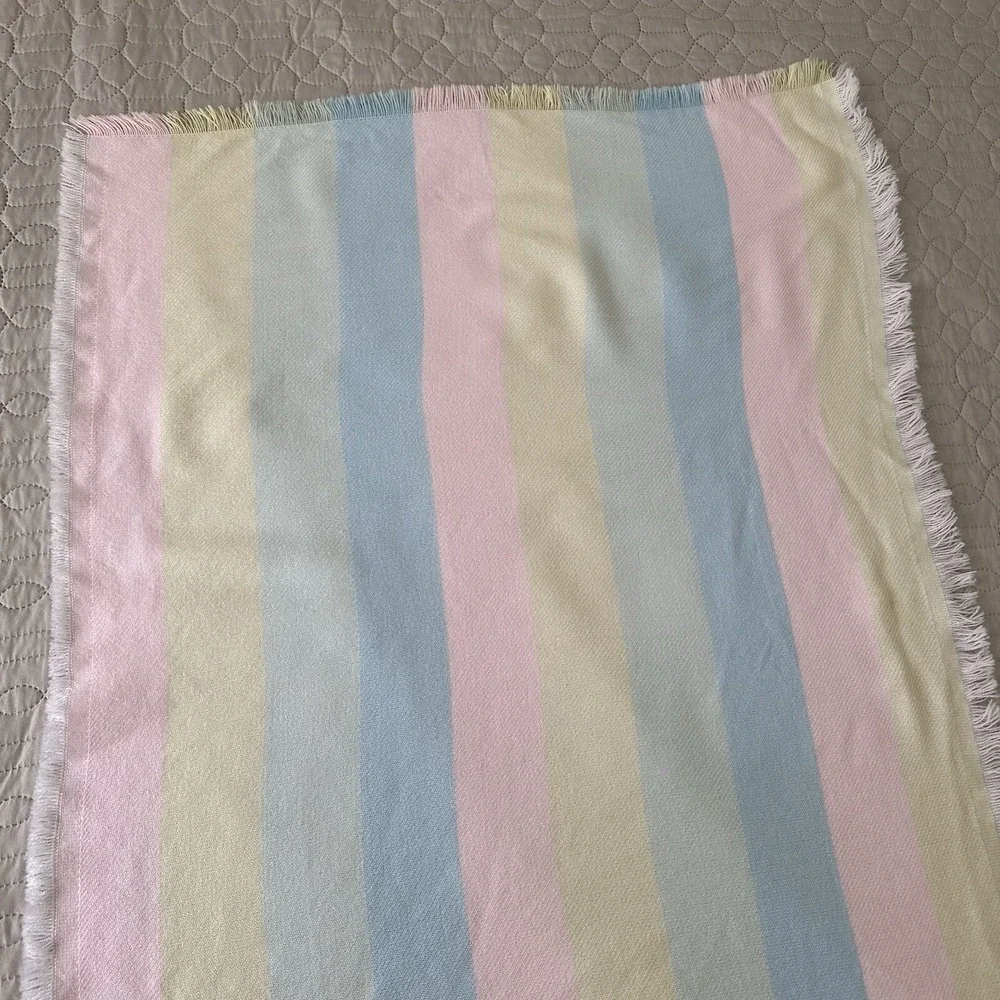 Vintage Acrylic Baby Blanket Pastel Stripe Fringe Receiving Pink Blue Yellow